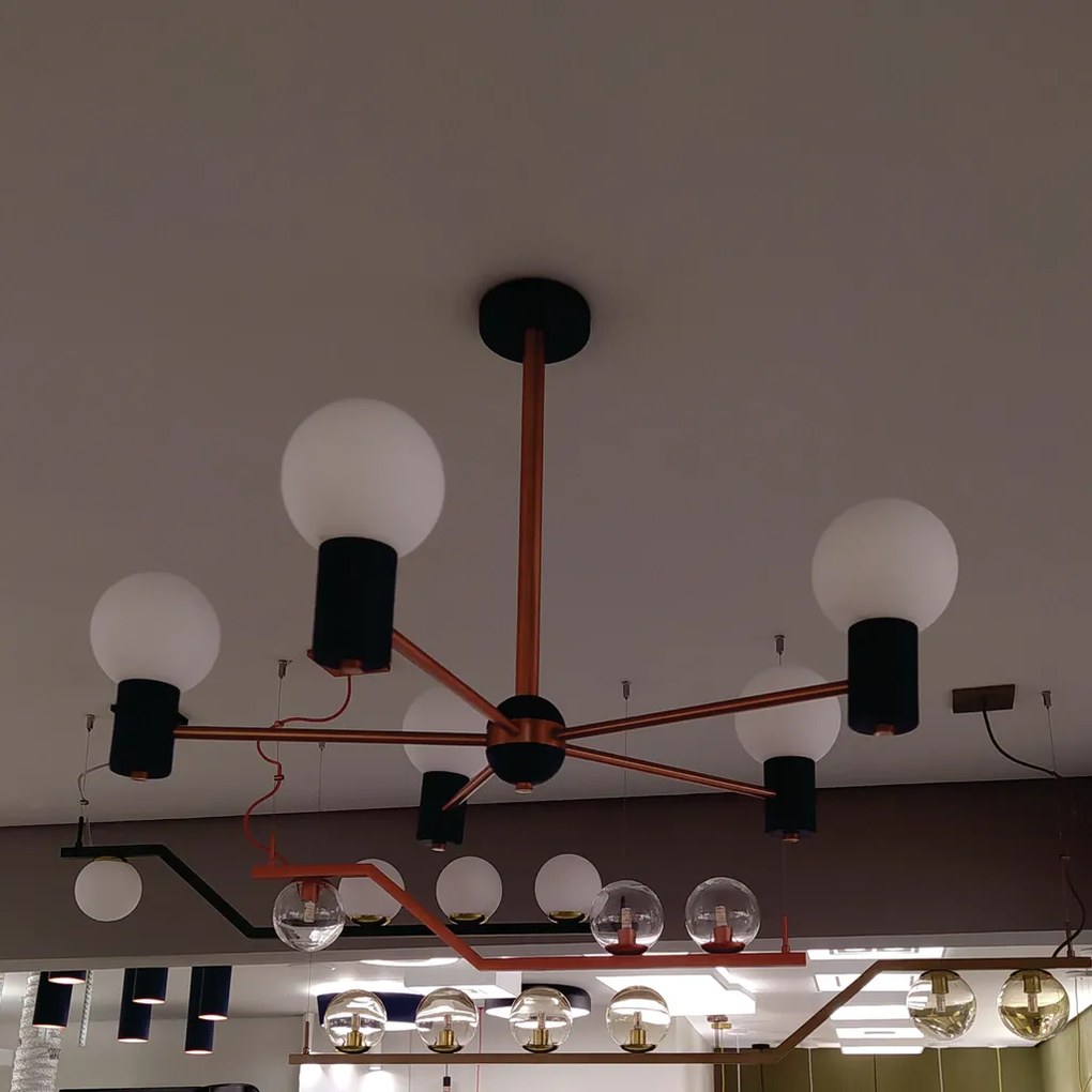 Pendente Nikko Ø92,5X55Cm C/ 5 Globos 5Xg9 / Haste Fixa / Globo Ø12Cm... (AL-PV - Alumínio Brilho Polido Verniz, AMBAR)