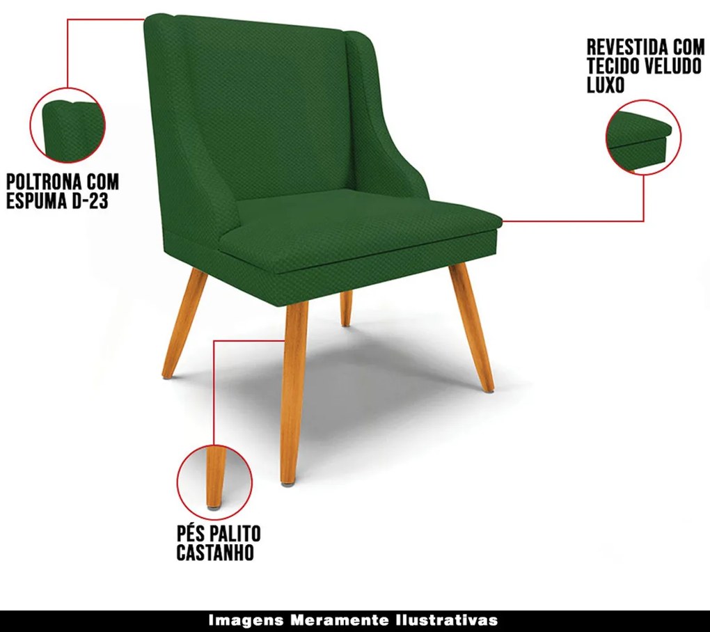 Kit 4 Cadeiras Decorativas Sala de Jantar Pés Palito de Madeira Firenze Veludo Luxo Verde/Natural G19 - Gran Belo