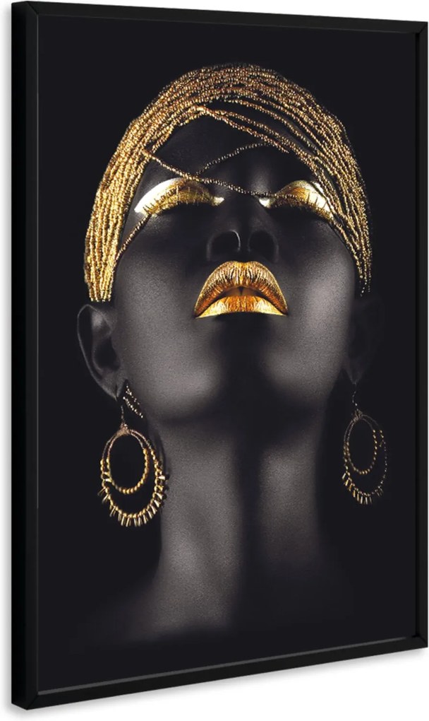 Quadro 90x60cm Mulher Negra Maquiagem Dourada Beltza Moldura Preta com Vidro