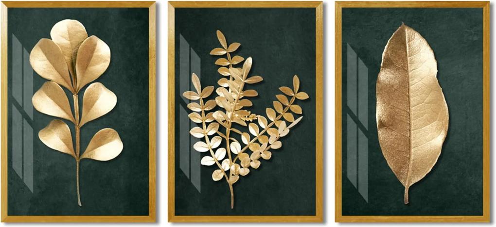 Quadro 65x135cm Folhas Dourada Fundo Verde Decorativo