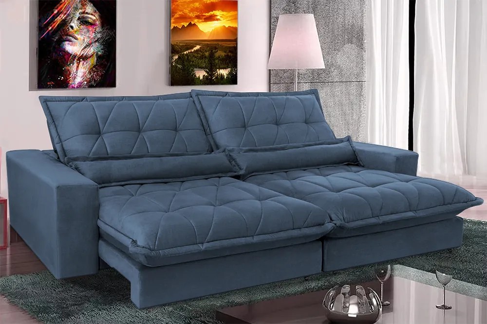 Sofa Retrátil E Reclinável 3,12m Com Molas Ensacadas Cama Inbox Soft Tecido Suede Azul