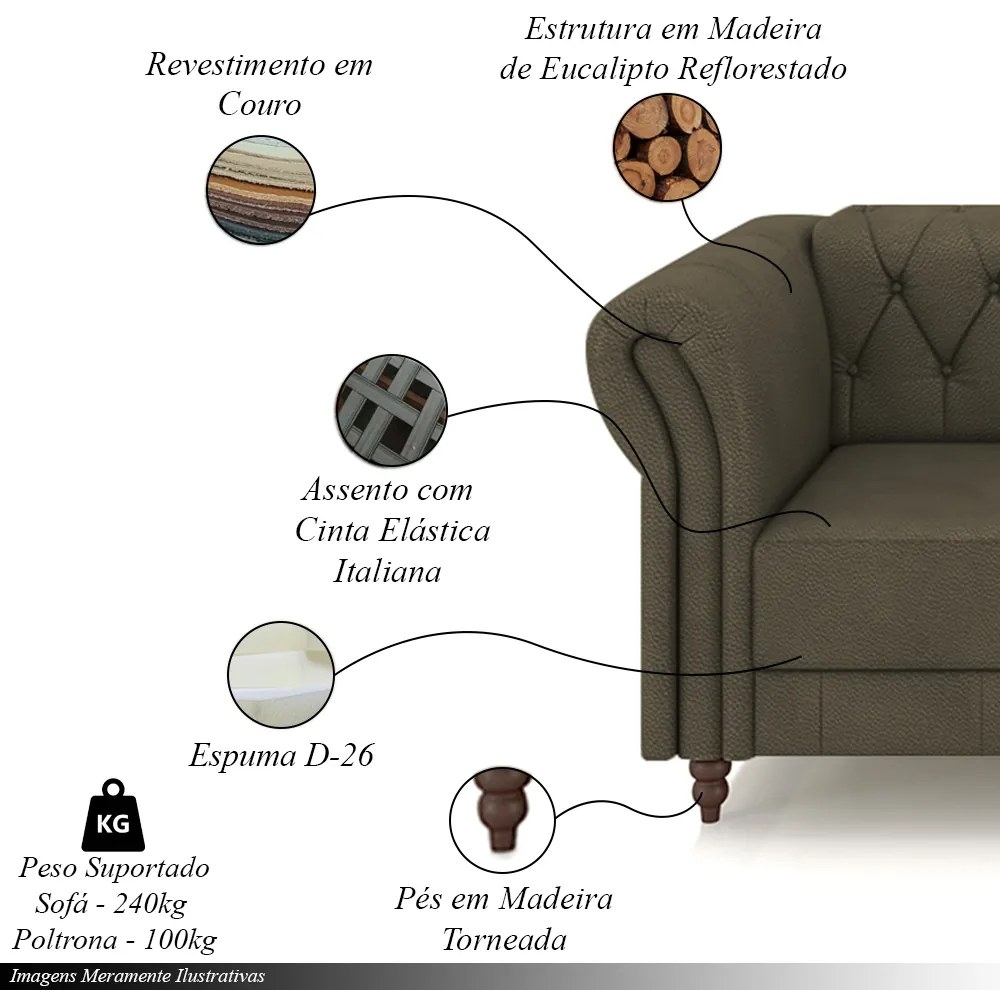 Conjunto Sala de Estar 1 Sofá Living 180cm e 2 Poltronas Stanford Chesterfield Pés Madeira Couro Capuccino G58 - Gran Belo