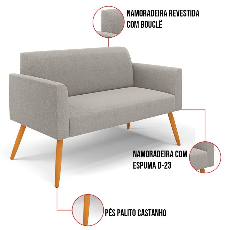 Namoradeira e 2 Poltronas Pé Palito Castanho Marisa Bouclê Cinza D03 - D'Rossi