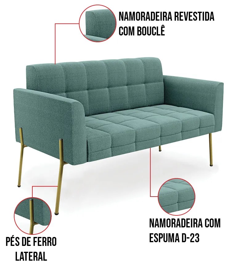 Namoradeira e 2 Poltronas Pé de Ferro Dourado Elisa Bouclê D03 - D'Rossi - Verde Menta