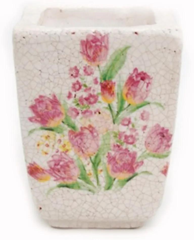 Cachepot em Cerâmica na Cor Bege com Pintura de Flores - 16x11x11cm
