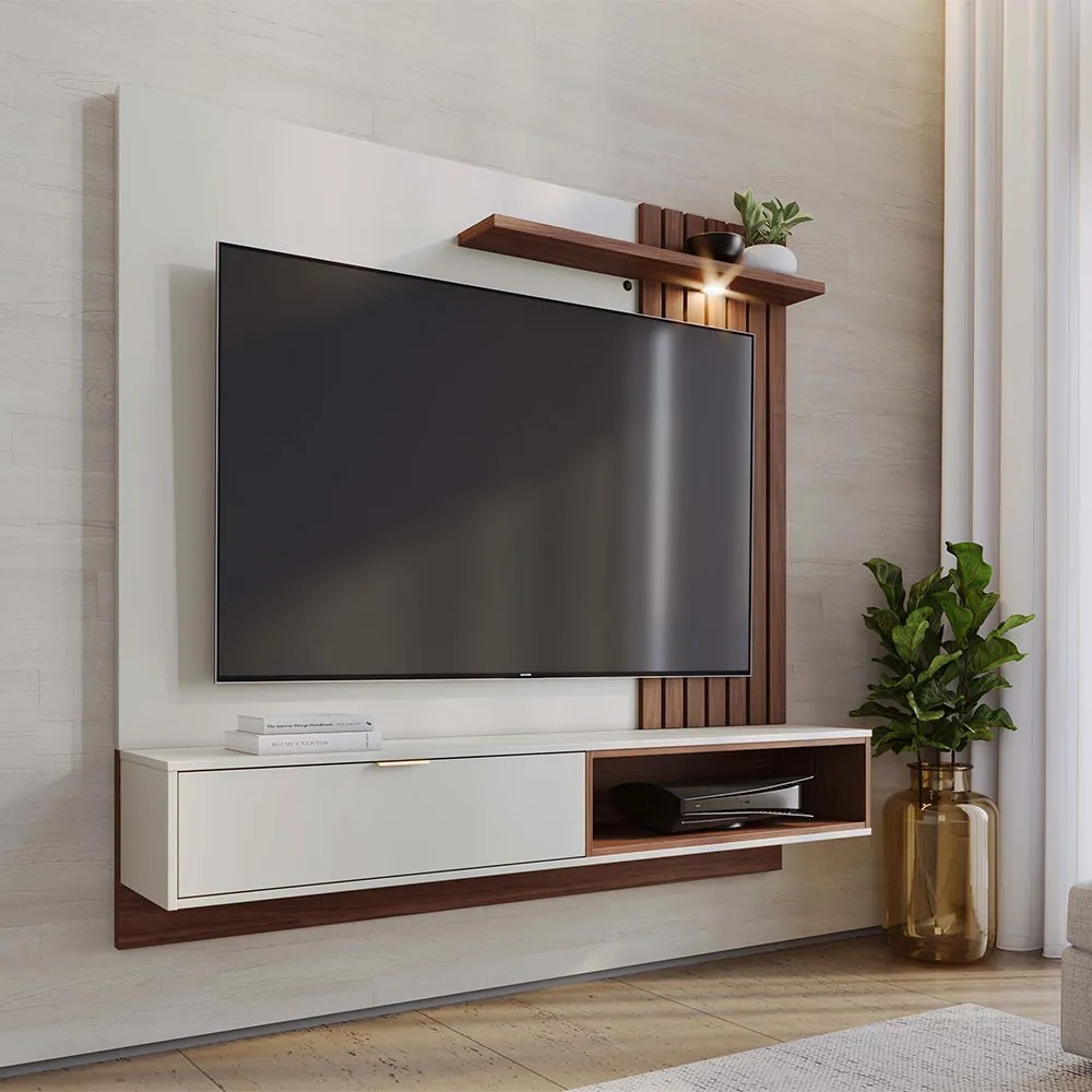Painel TV 60 Pol 160cm Bancada Suspensa Zurique C04 - D'Rossi - Off White e Nogueira Real