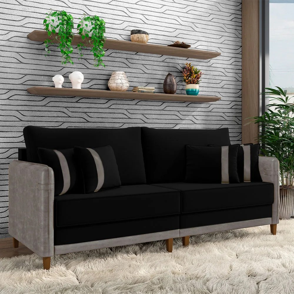 Sofá Living Montecarlo 2 Lugares Bipartido 172cm Pés em Madeira Veludo/PU Preto/CinzaG33 - Gran Belo