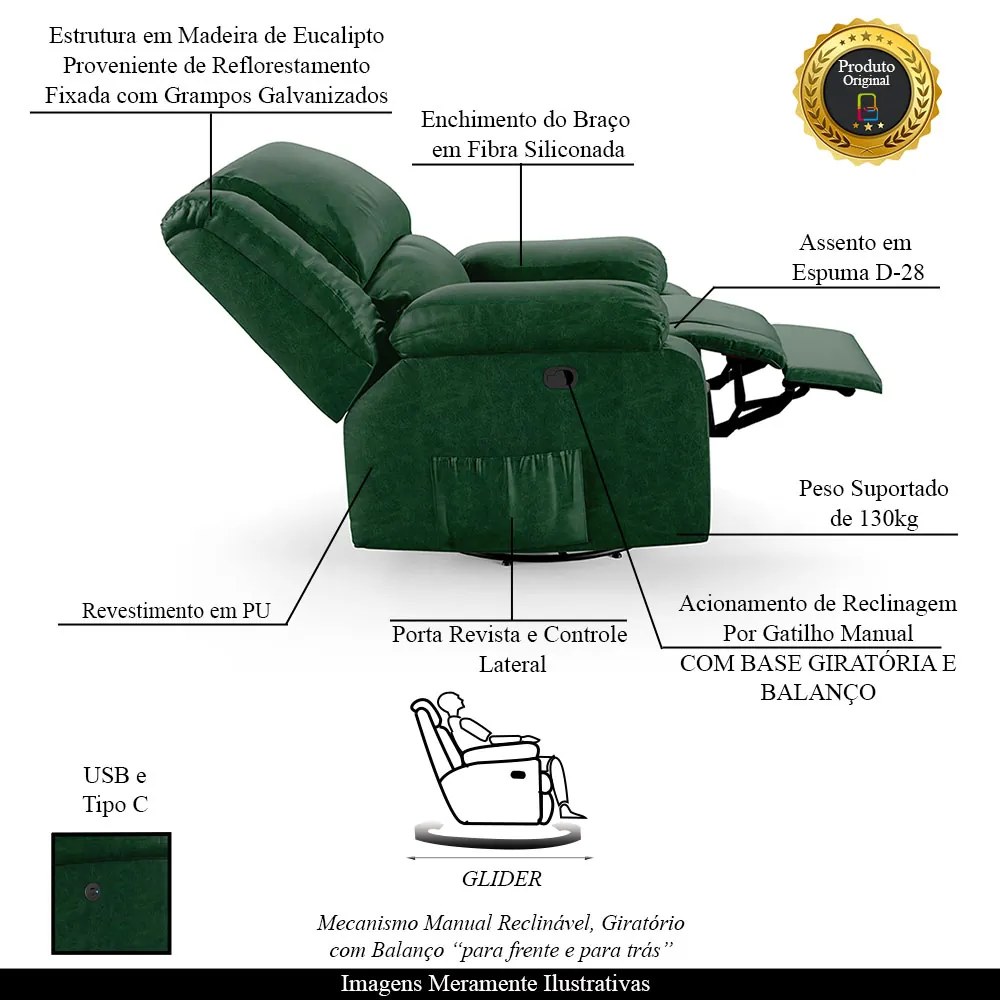 Poltrona do Papai Reclinável Sala de Cinema Madrid Glider Manual Giratória USB PU Verde Musgo  G23 - Gran Belo