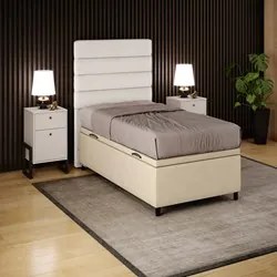 Cabeceira com Base Cama Box Baú Solteiro 88x188cm Hit ID5 Linho Cru/Co