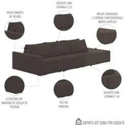 Sofá Ilha Modular com Puff para Sala Living 342cm Georgia Z08 Veludo M