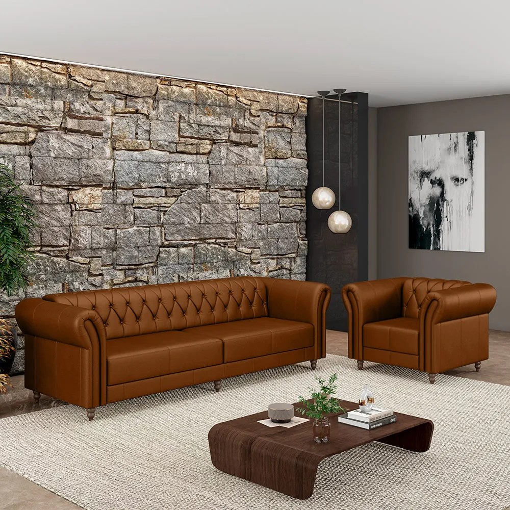 Conjunto Sala de Estar 1 Sofá Living 240cm e 1 Poltrona Stanford Chesterfield Pés Madeira Couro Caramelo G58 - Gran Belo