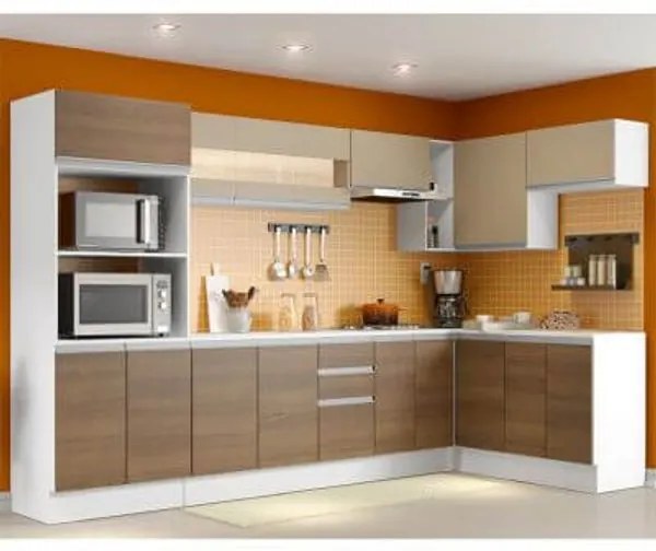 Cozinha Completa 100% MDF Madesa Smart Modulada de Canto Branco/Rustic/Crema