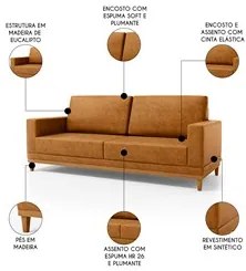 Sofá 3 Lugares 200cm Living Sala de Estar Kayrós D05 Sintético Whisky