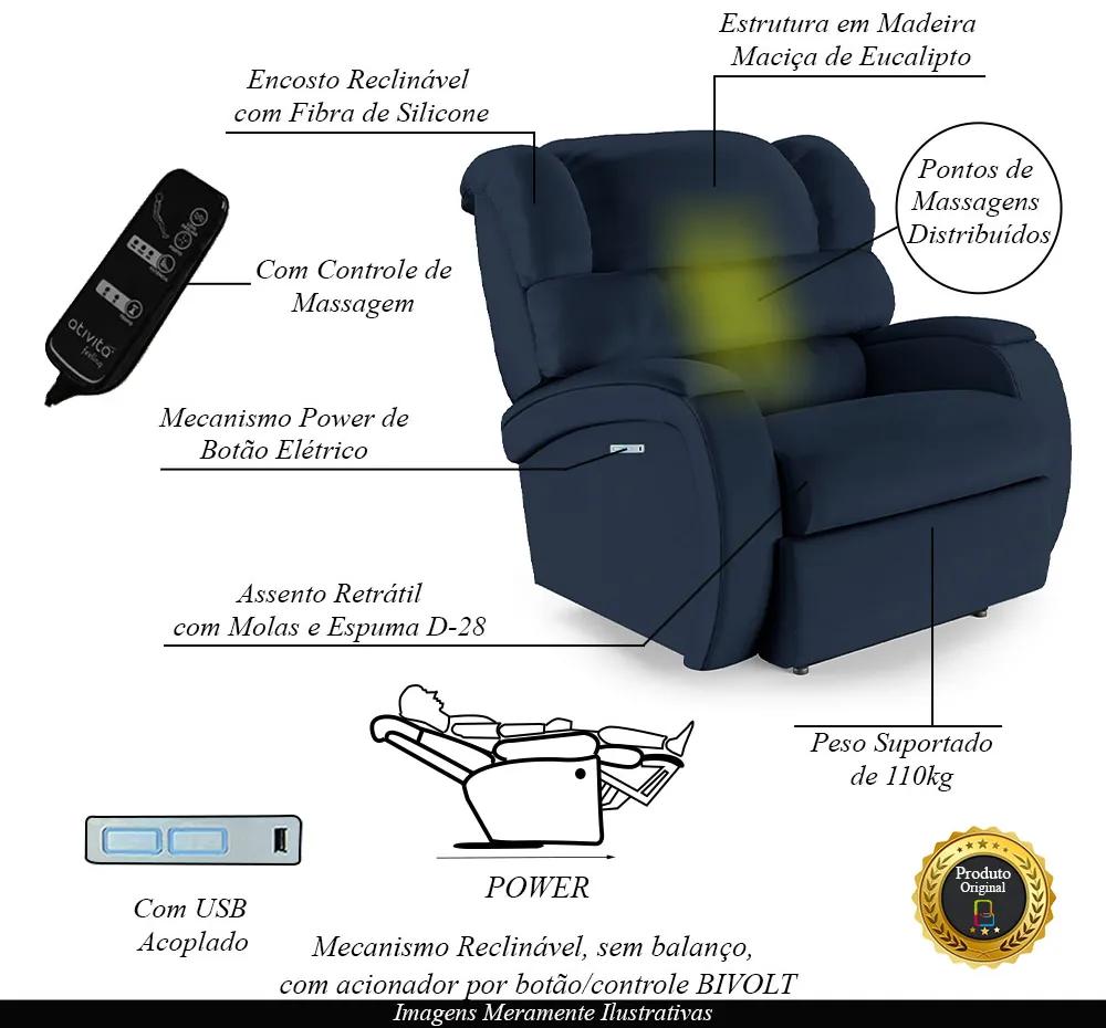 Poltrona do Papai Sala de Cinema Reclinável Kylie Elétrica Botão com Led Massagem USB PU Azul G23