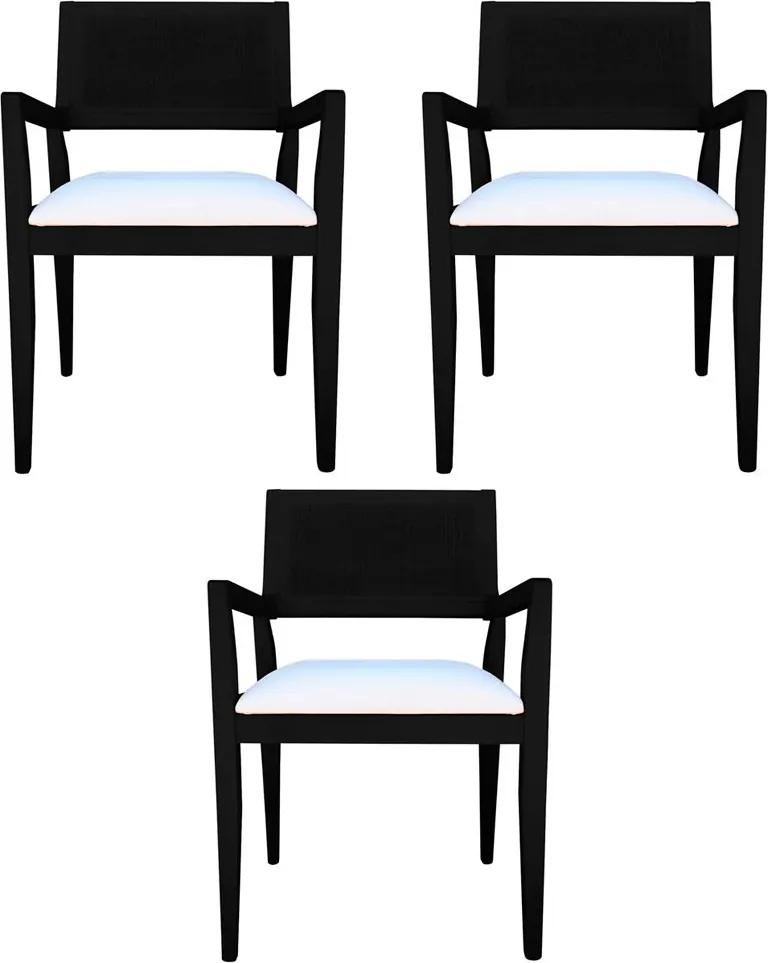 Kit 3 Cadeiras Decorativas Sala de Jantar Megan Preto Linho Bege - Gran Belo