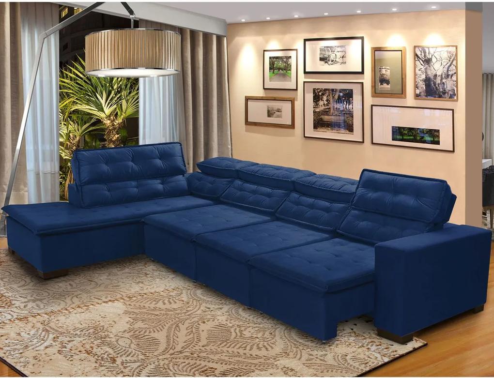 Sofá 7 Lugares de Canto Retrátil e Reclinável Pillow Chaise D 3,70 x 2,20 m  Sttilo  Azul  - MegaSul