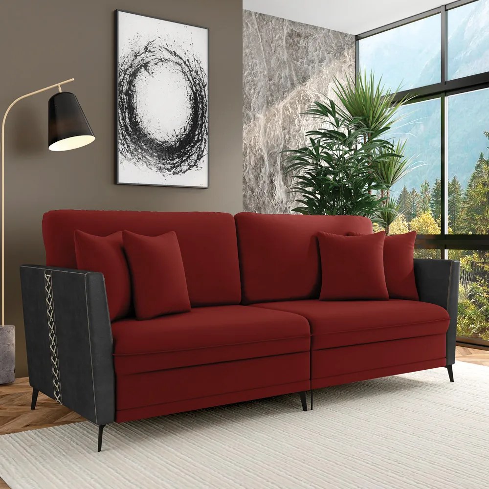 Sofá 3 Lugares Living 222cm Mondaí Sintético Preto/Veludo K01 - D'Rossi - Vermelho