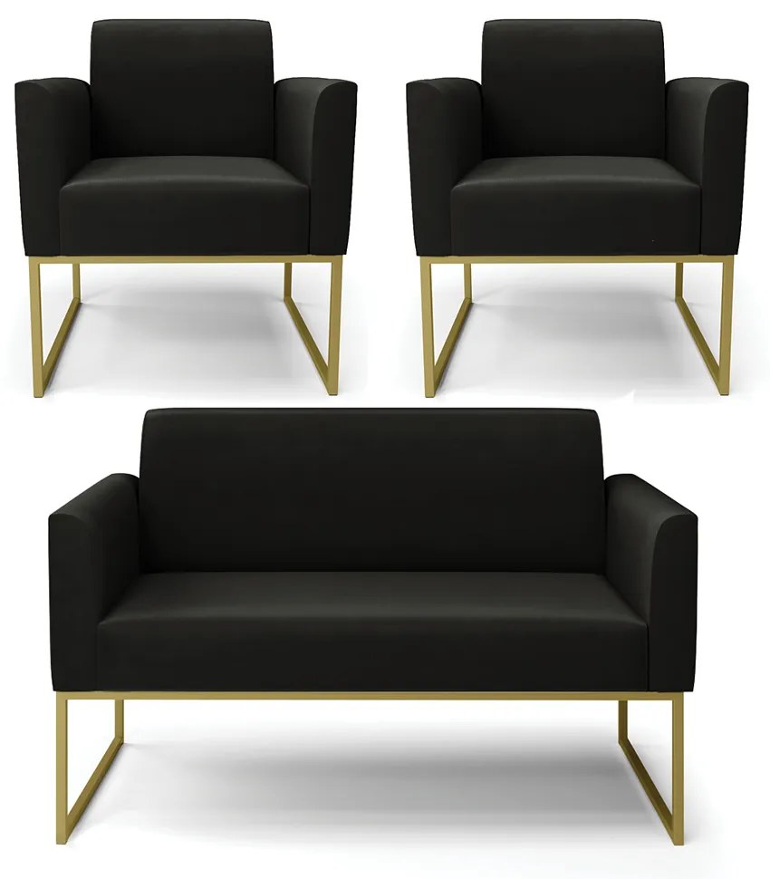 Sofá Namoradeira com 2 Poltronas Base Industrial Dourado Marisa Suede D03 - D'Rossi - Preto