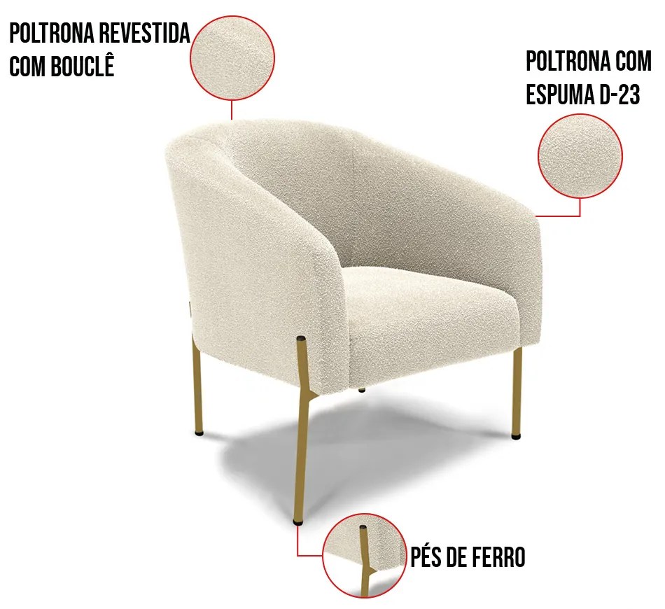 Poltrona Decorativa Pé de Ferro Dourado Stella Bouclê D03 - D'Rossi - Bege