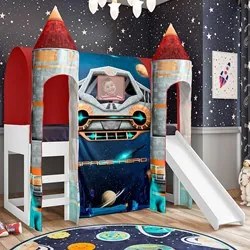 Cama Infantil com Escorregador Barraca 2 Torres LED Nave Espacial P13