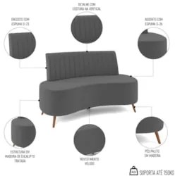 Sofá 2 Lugares para Sala Living 135cm Pés Palito Tamar Z08 Veludo Cinz