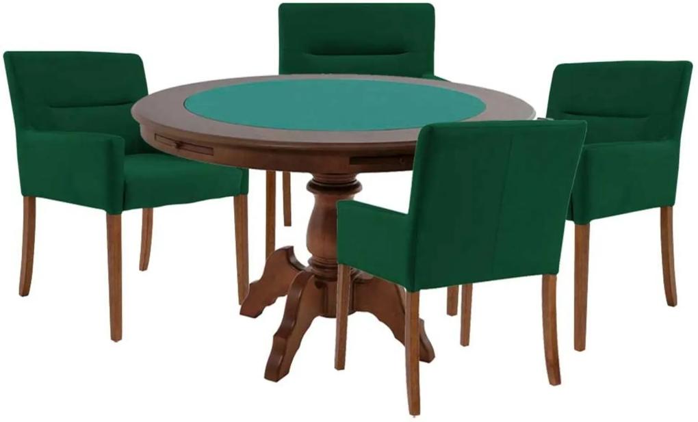 Mesa de Jogos Carteado Redonda Montreal Tampo Reversível Imbuia com 4 Cadeiras Vicenza Verde - Gran Belo