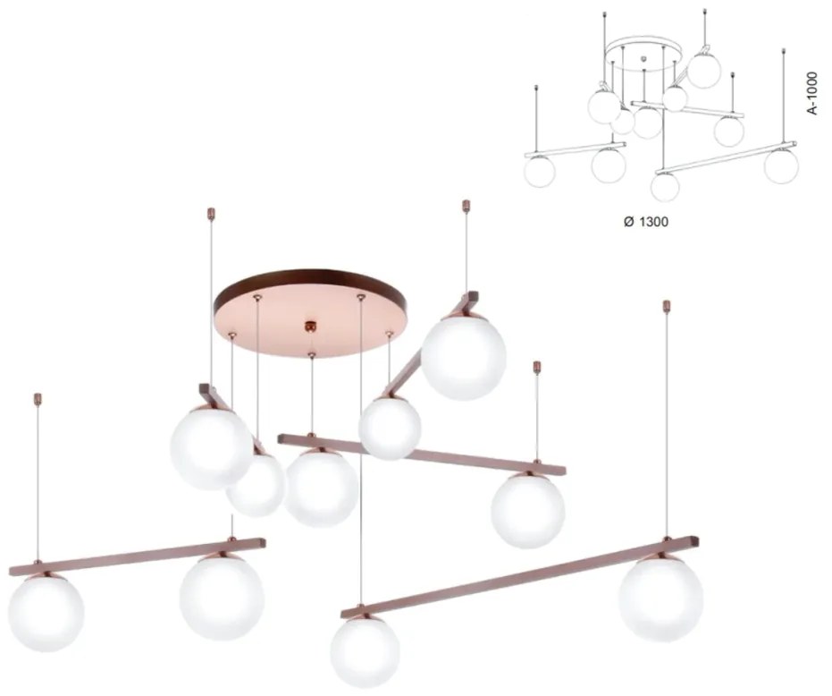 Pendente Irregular Ø130Cm Metal E Globo Ø10Cm 10Xg9|Old Artisan Pd-552... (BRANCO / COBRE BRILHO, AMBAR)