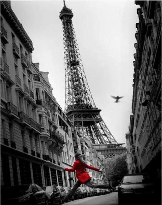 Gravura Poster Para Quadros Mulher De Vermelho Pulando Na Rua Torre Eiffel 40x50cm
