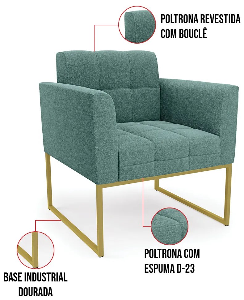 Poltrona Decorativa Industrial Dourado Kit 2 Elisa Bouclê D03 - D'Rossi - Verde Menta