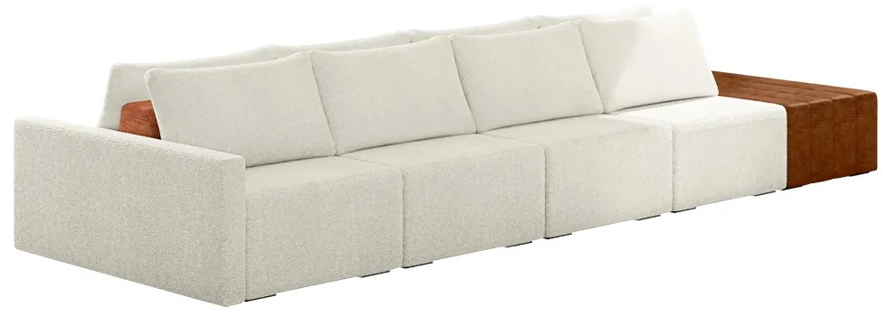 Sofá Ilha Modulado Milos 432cm Puff Lateral OffWhite Caramelo Manchado Bouclê/PU G33 - Gran Belo