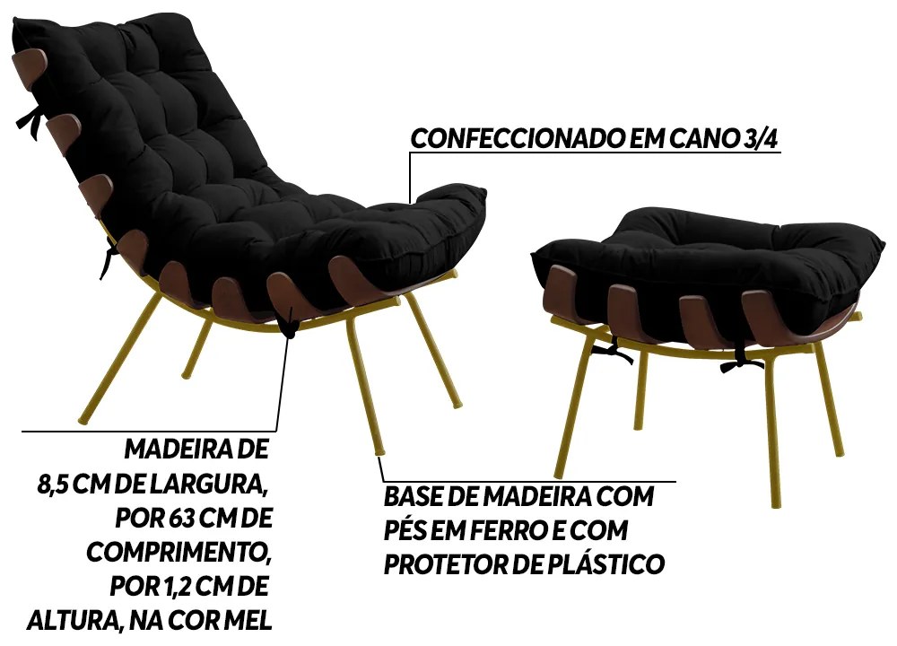 Conjunto Decorativo Poltrona e Puff Abel Base de Madeira Dourada Veludo Preto G41 - Gran Belo