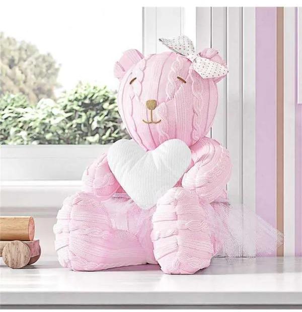 Ursa Clássica com Coração Branco Tricot Luxo Rosa