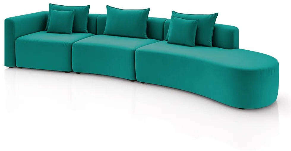 Sofá Curvo Decorativo Kimiko 427Cm 5 Lugares Sala de Estar com Chaise Veludo Azul Tiffany G52 - Gran Belo