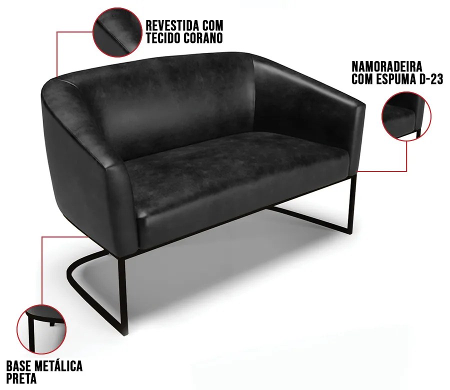 Sofá 2 Lugares Namoradeira Industrial Preto Stella Sintético PU D03 - D'Rossi - Preto