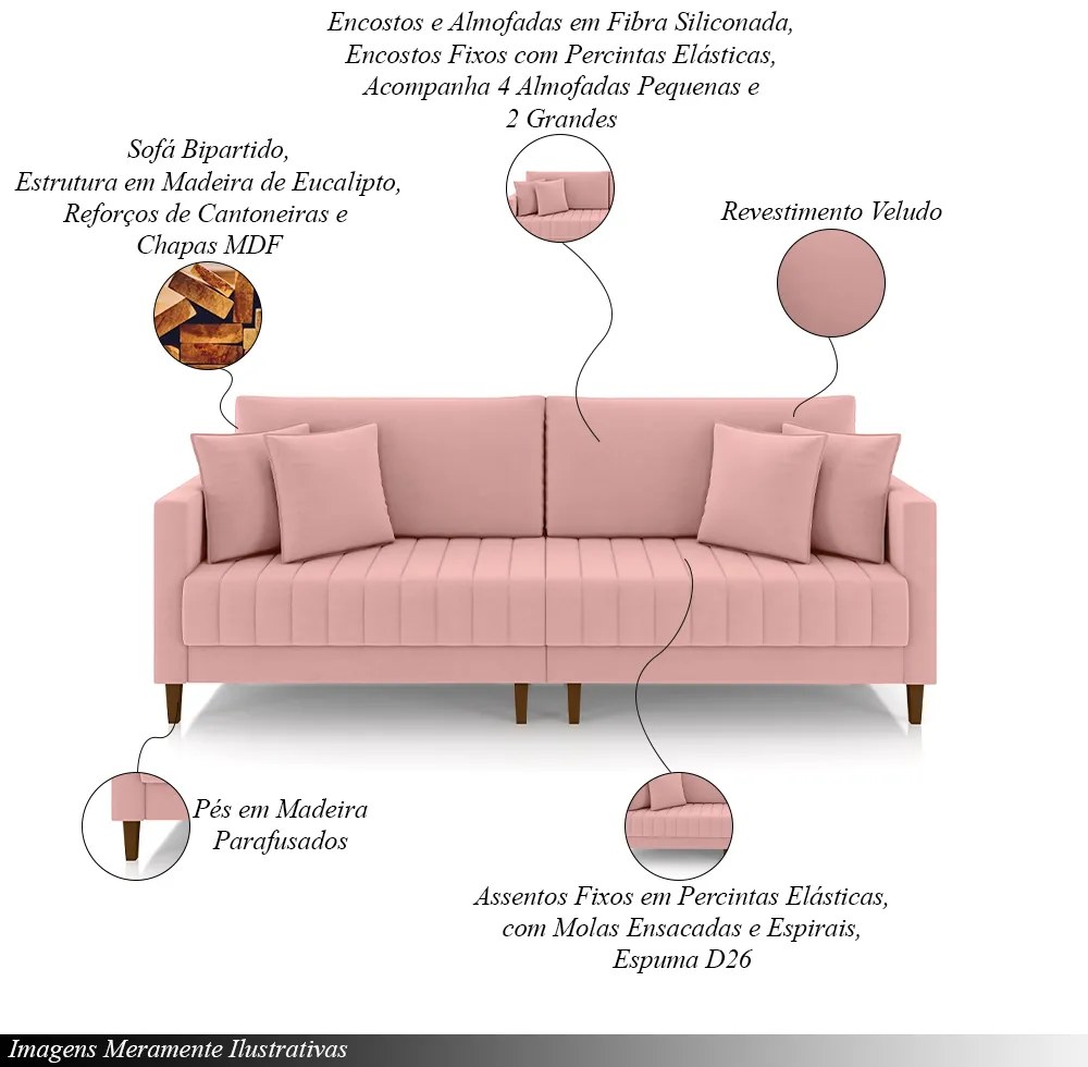 Sofá Living Decorativo Hamburgo Bipartido 2 Lugares 216cm com Almofadas Pés em Madeira Veludo Rosê G33 - Gran Belo