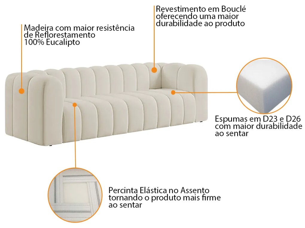 Sofá 3 Lugares 200cm Orgânico Luxo Recepção Giordana Bouclé - ADJ Decor