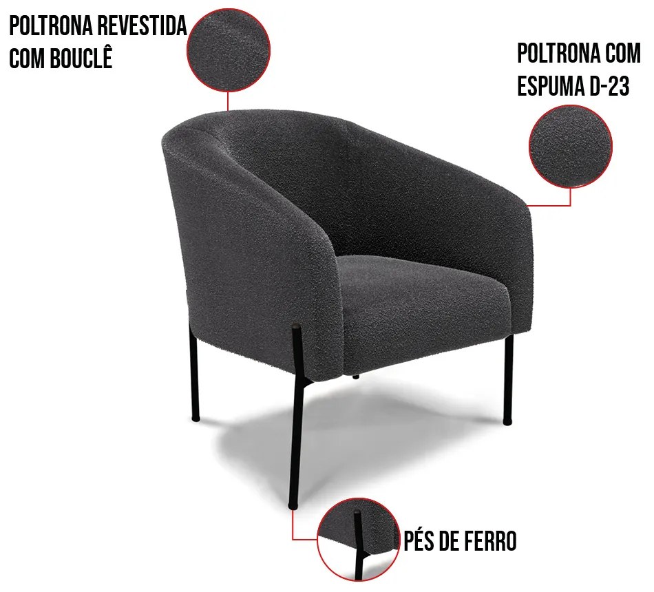 Poltrona Decorativa Pé de Ferro Preto Stella Bouclê Grafite D03 - D'Rossi