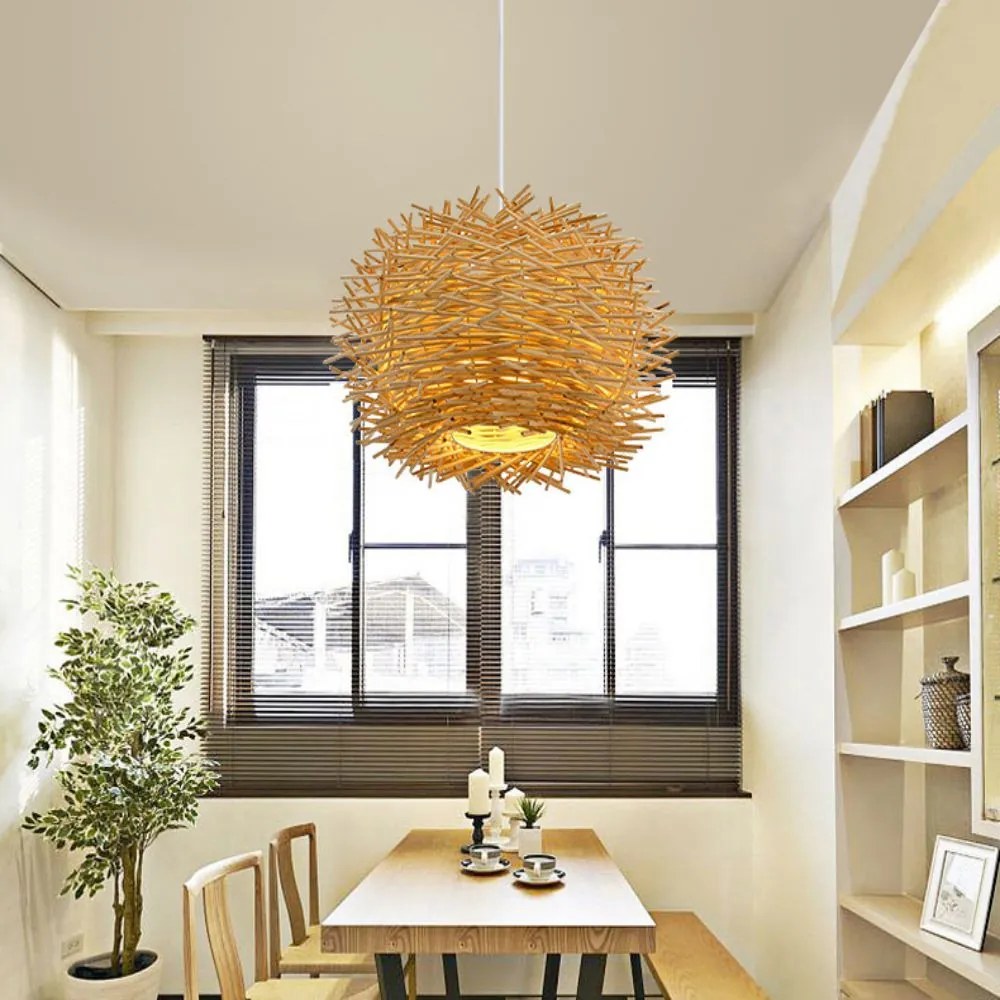 Pendente Luminaria Rattan lustre ninho de pássaro lâmpada sala estar jantar pastoral fazenda barra lâmpada do teto lustre rattan lâmpada de bambu - Modelo-30cm