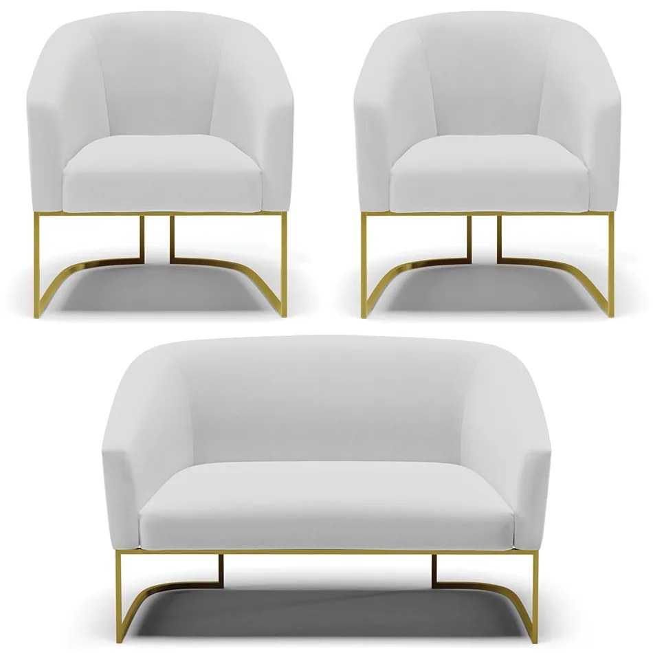 Namoradeira e 2 Poltronas Base Industrial Dourado Stella Linho D03 - D'Rossi - A05 Cinza