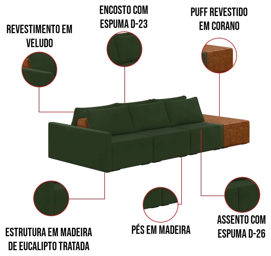 Sofá Ilha 3 Lugares Living 372cm Modulado para Sala Lary Veludo Verde K01 - D'Rossi