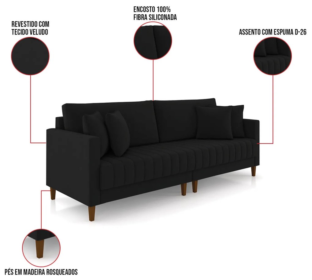 Sofá 2 Lugares Living 156cm Pés Madeira Cléo Veludo Preto K01 - D'Rossi