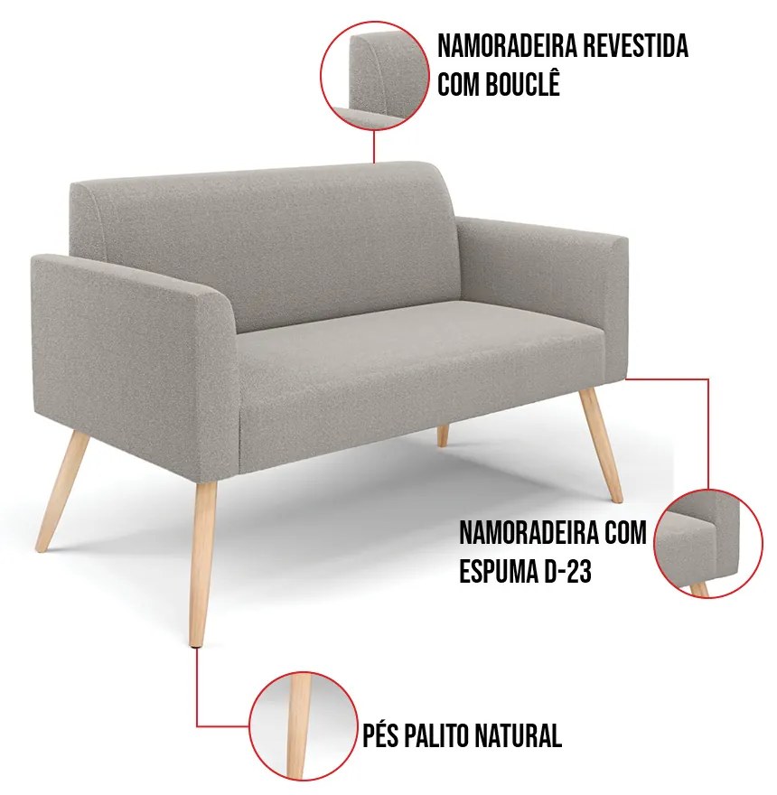 Namoradeira e 2 Poltronas Pé Palito Natural Marisa Bouclê D03 - D'Rossi - Cinza