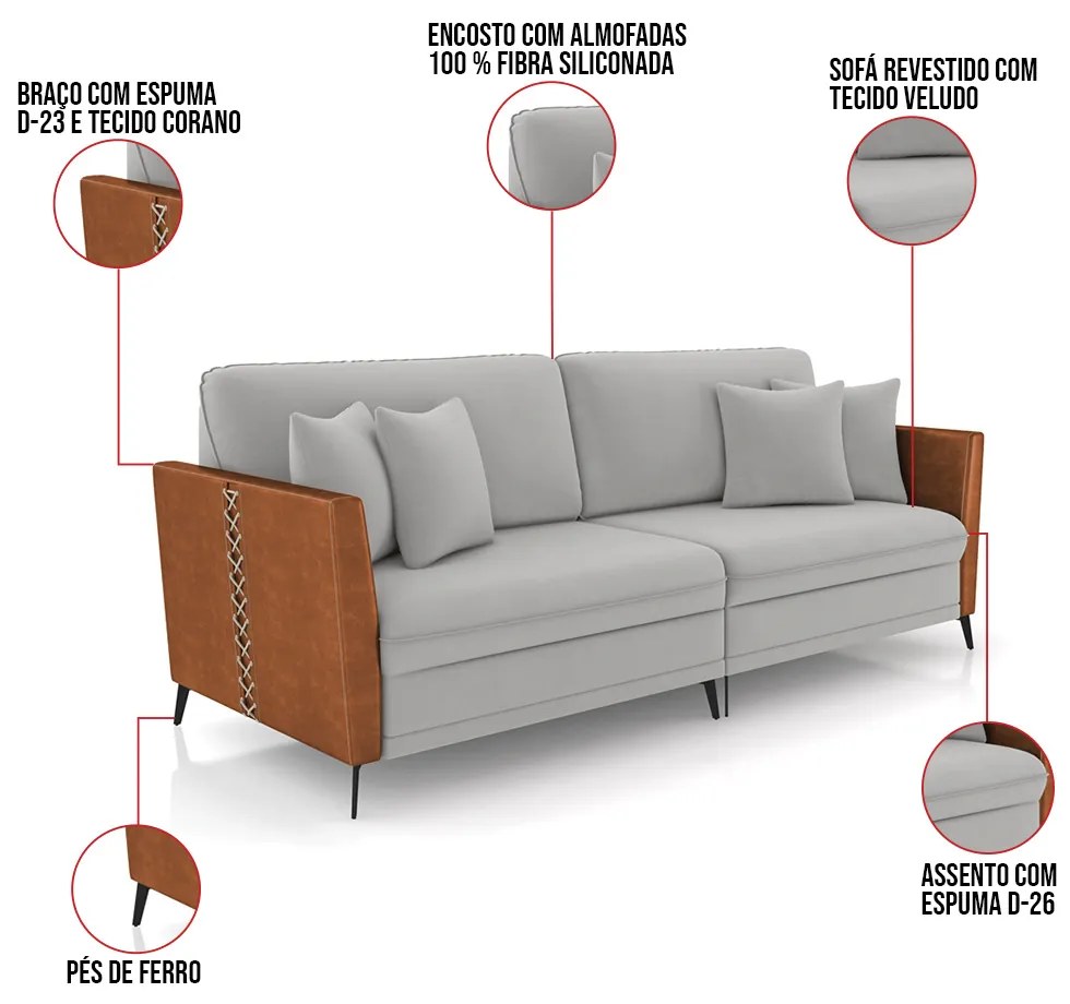 Sofá 3 Lugares Living 222cm Mondaí Sintético Nozes/Veludo K01 - D'Rossi - Cinza