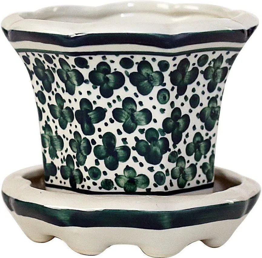 Cachepot em Porcelana Thai com Prato Verde e Branco D14cm x A12cm
