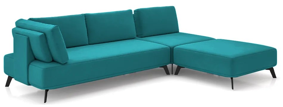 Sofá de Canto Modulado 302cm Sabrina Pés em Aço com Puff Veludo Azul Tiffany G52 - Gran Belo