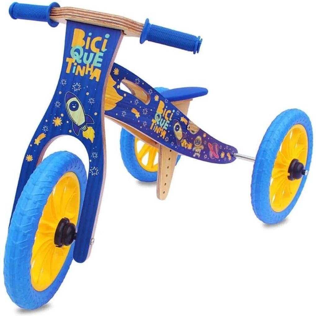 Triciclo de Madeira Biciquetinha 2 em 1 sem Pedal (vira Bicicleta de Equilíbrio) - Astronauta - Azul