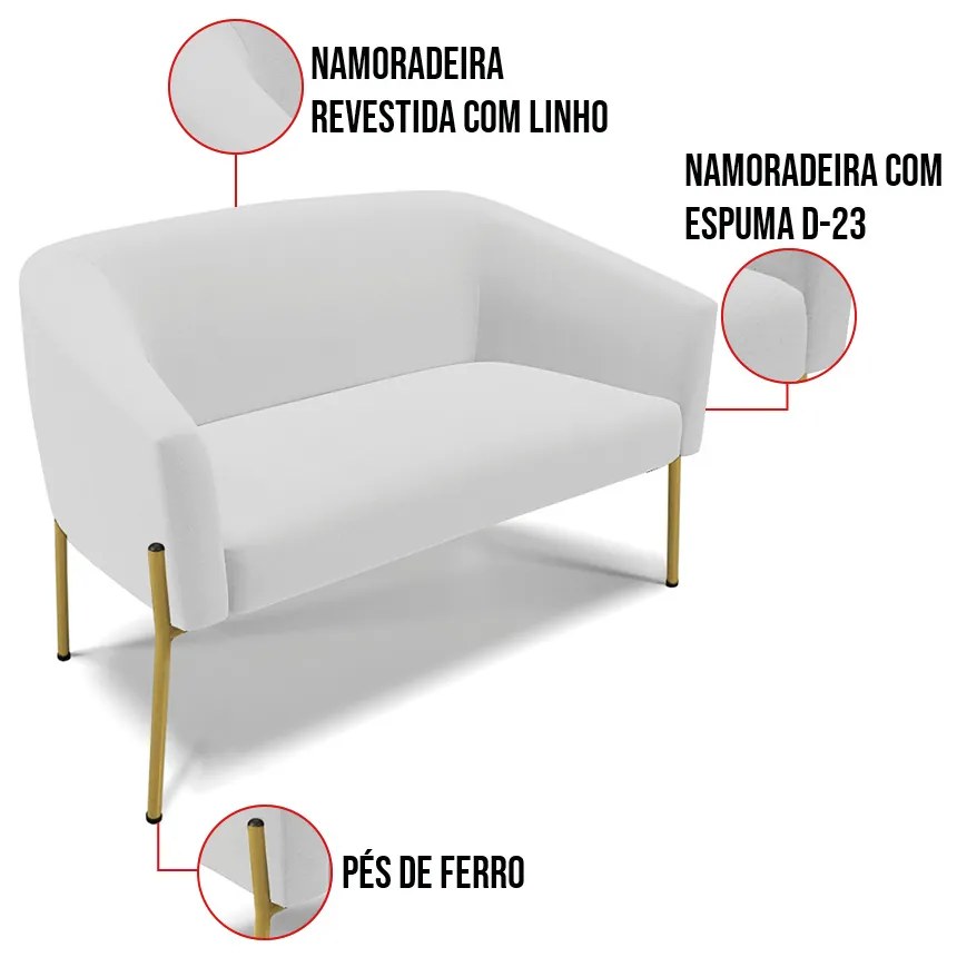 Sofá 2 Lugares Namoradeira Pé de Ferro Dourado Stella Linho D03 - D'Rossi - A05 Cinza
