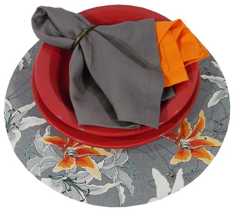 Sousplat Redondo Moscou em Algodão com Estrutura MDF 35cm - Floral Laranja e Cinza - 2 unidades