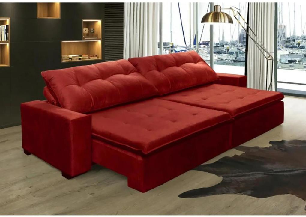 Sofá Retrátil, Reclinável Oklahoma 2,42m, Molas e Pillow no Assento Tecido Suede Vermelho Cama InBox