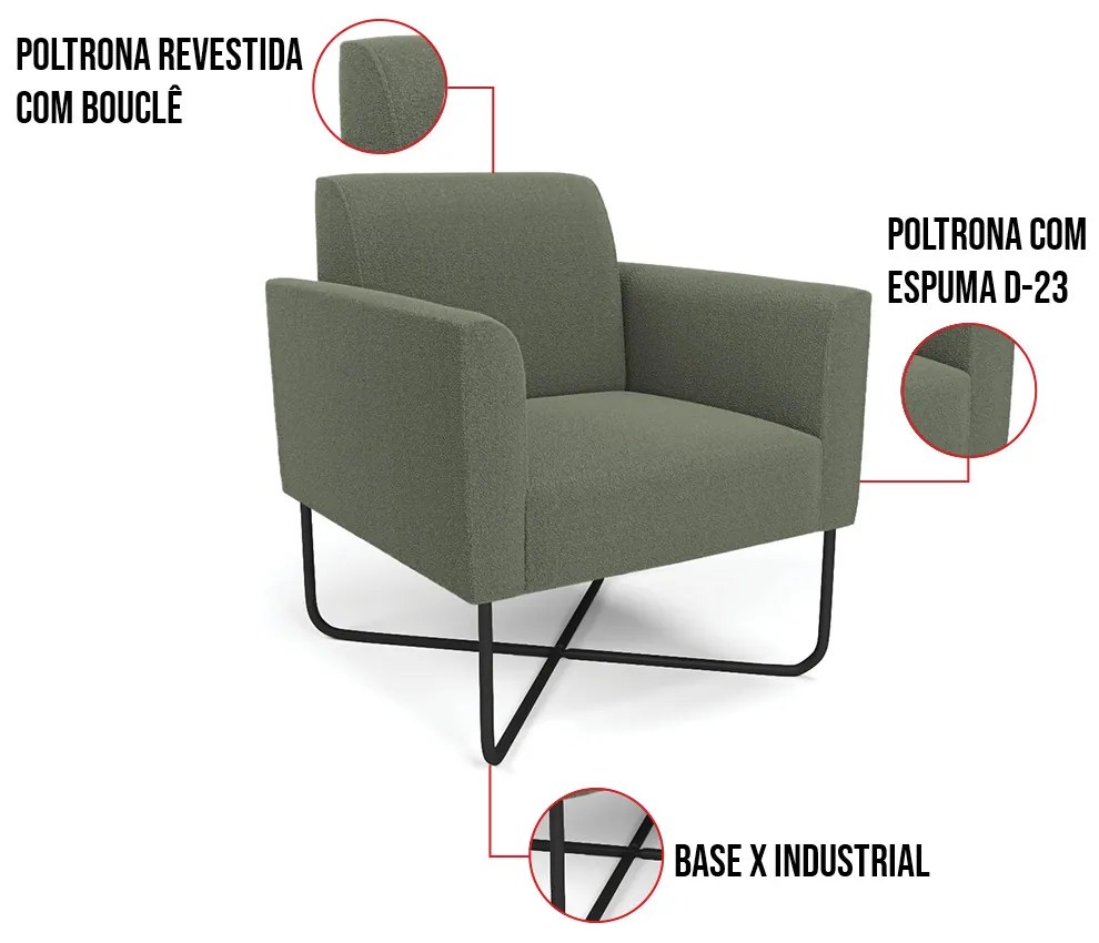 Poltrona Sala Base X Industrial Preto Kit 2 Marisa Bouclê D03 - D'Rossi - Pistache